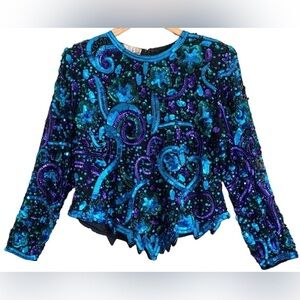 Laurence Kazar Vintage Vibrant Colorful Festive Sequins Beaded Blouse Size XLP